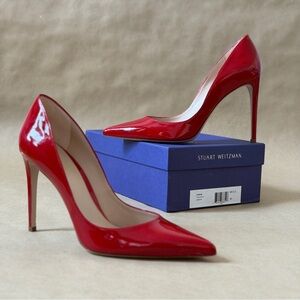 Stuart Weitzman Curvia Flame Aniline Red Patent Leather Stilettos 12M